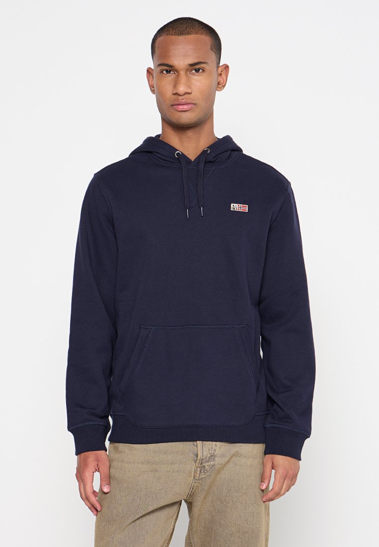 Granatowy sweatshirt z mieszanki bawełny, z kieszenią typu kangur na przodzie, regulowanymi sznurkami i małą łatką z logo.