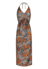 Robe maxi florale en tissu gris avec des motifs oranges et bleus. Elle présente un col halter et un buste froncé, descendant jusqu'à un ourlet droit.
