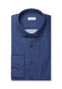 Chemise habillée pour hommes à manches longues pliée en bleu avec un motif géométrique bleu foncé et des boutons assortis, étiquette de marque visible à l'intérieur du col.