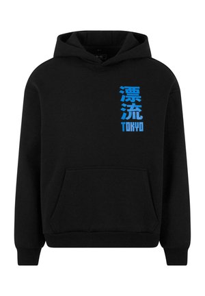 Black hoodie with a front pocket, featuring blue Japanese text and "TOKYO" on the left side. Soft fabric, pullover design, ribbed cuffs.