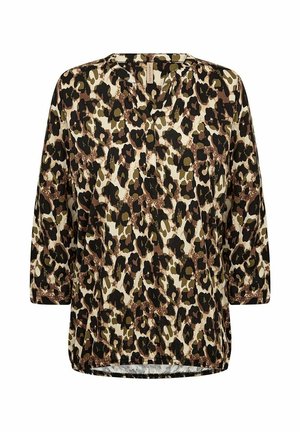 Leopard print blouse in shades of brown, black, and green. Features three-quarter sleeves, a v-neckline, and a curved hemline.