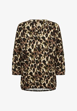Bluse mit Leopardendruck in Brauntönen, Schwarz und Grün. Mit Dreiviertelärmel, V-Ausschnitt und abgerundetem Saum.