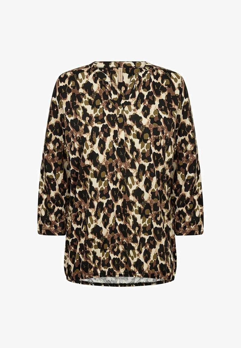 Bluse mit Leopardendruck in Brauntönen, Schwarz und Grün. Mit Dreiviertelärmel, V-Ausschnitt und abgerundetem Saum.