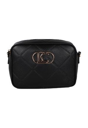 Borsa a tracolla in similpelle nera con design trapuntato, hardware con logo dorato e forma rettangolare con chiusura a zip.