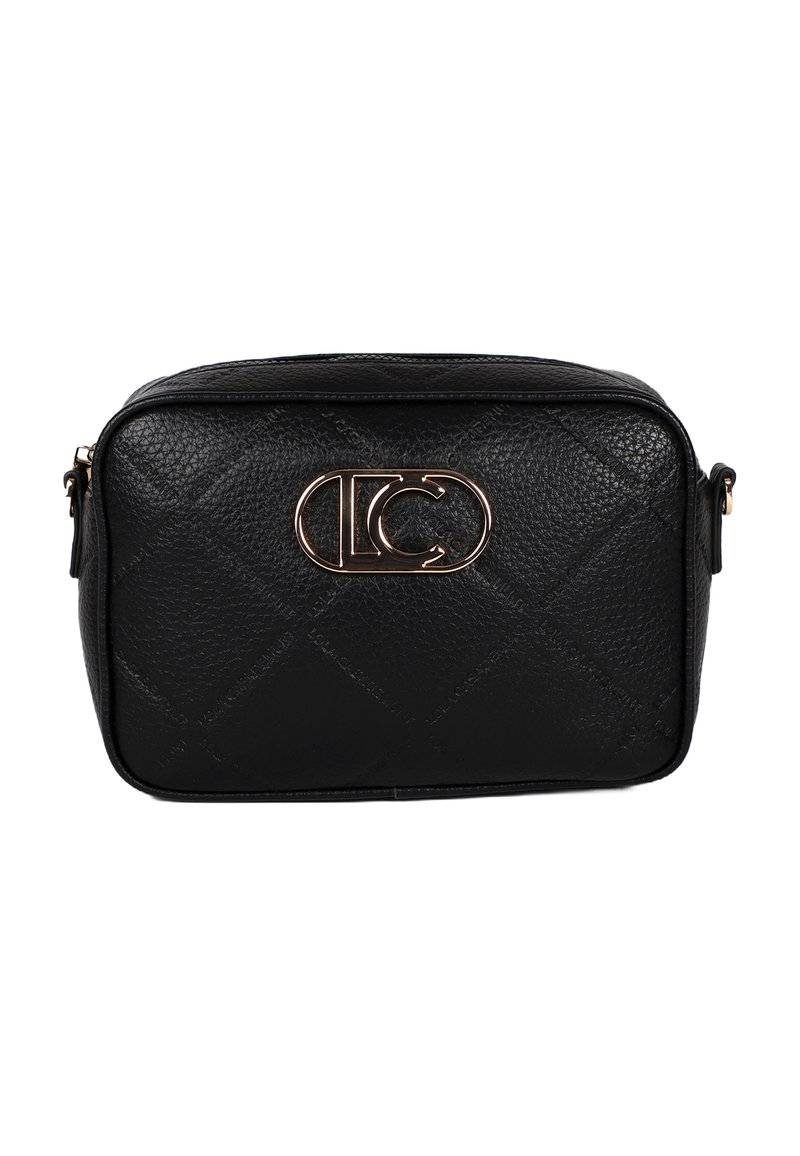 Svart syntetläder crossbody-väska med ett kviltat mönster, guldlogohardware och rektangulär form med dragkedjestängning.