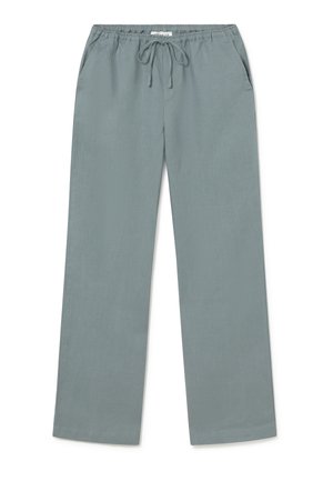 Pantalon gris clair à coupe ample avec taille élastique et cordon de serrage, doté de poches latérales et d'une coupe droite.