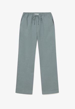 Locker sitzende hellgraue Hose mit elastischem Bund und Kordelzug, ausgestattet mit Seitentaschen und geradem Bein.