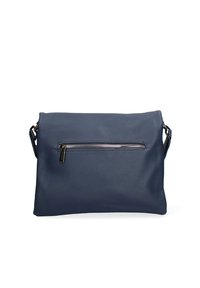 Borse a tracolla in pelle navy con finitura texturizzata, dotata di una tasca frontale con zip e una tracolla rimovibile. Forma rettangolare, design minimalista.