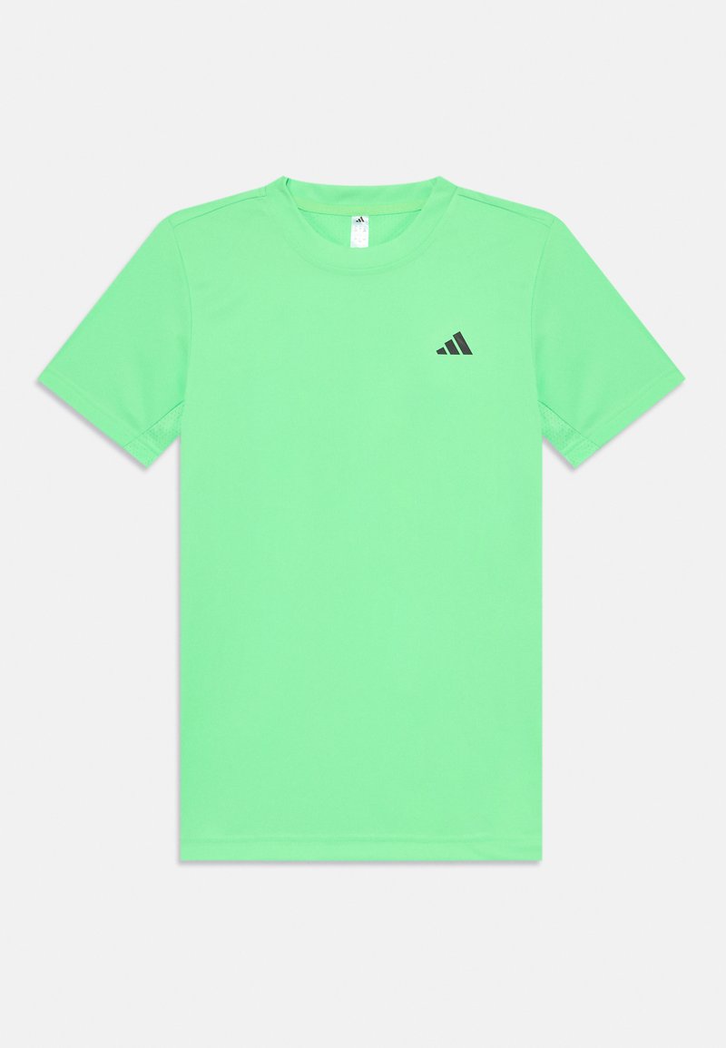 Grünes Kurzarm-T-Shirt aus glattem, atmungsaktivem Stoff. Mit kleinem schwarzem Logo auf der linken Brust. Einfaches Design, Rundhalsausschnitt.