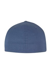Cappellino da baseball blu con texture liscia, corona arrotondata e cuciture lungo le cuciture. Presenta nessun logo o decorazione visibile.