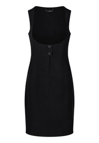 Czarna sukienka z okrągłym dekoltem, bez rękawów, z zapięciem na guziki z przodu oraz dopasowanym krojem z delikatnym plisowaniem. Gładka tekstura materiału.