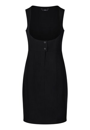 Czarna sukienka z okrągłym dekoltem, bez rękawów, z zapięciem na guziki z przodu oraz dopasowanym krojem z delikatnym plisowaniem. Gładka tekstura materiału.
