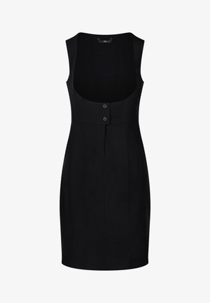 Czarna sukienka z okrągłym dekoltem, bez rękawów, z zapięciem na guziki z przodu oraz dopasowanym krojem z delikatnym plisowaniem. Gładka tekstura materiału.
