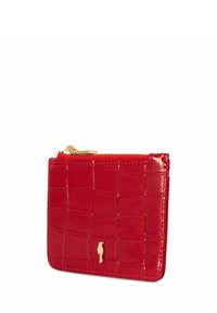 Czerwony portfel z lakierowanej skóry z wzorem krokodyla, zamek błyskawiczny i złote detale. Kwadratowy kształt o gładkim, błyszczącym wykończeniu.