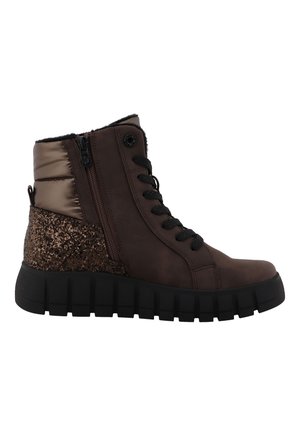 Brauner Sneaker-Boot in mittlerer Höhe mit schwarzer, klobiger Sohle, glitzerndem Fersenpanel, seitlichem Reißverschluss, Schnürung vorne und gepolstertem Schaft.