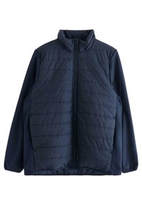 Marineblå puffjakke med quiltet tekstur på fronten, glat stof på ærmerne, høj krave og lynlås i fuld længde.