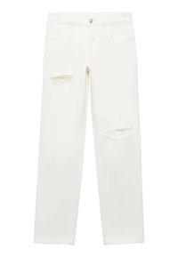 Vita denimjeans med avslappnad passform, med två knäsprickor, en framknappsstängning och fem fickor. Slät textur och slitstark tyg.