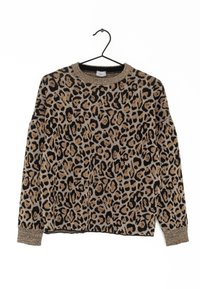 Leopardmönstrad tröja i guld, svart och metalltråd. Har långa ärmar och en ribbad halsringning. Mjuk textur med en avslappnad passform.