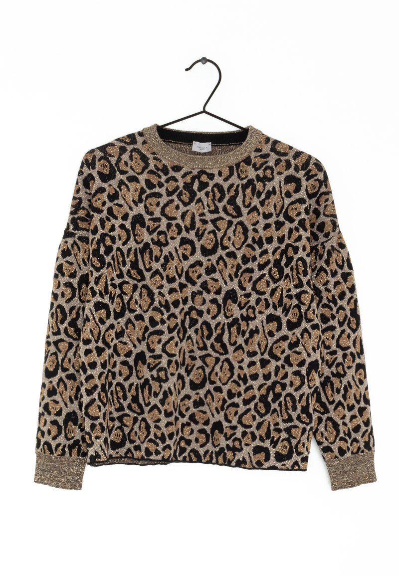 Kultapilkullinen leopardikuosisweater, jossa on mustaa ja metallilankaa. Ominaisuuksiin kuuluu pitkät hihat ja ribattu kaula-aukko. Pehmeä rakenne ja rento istuvuus.
