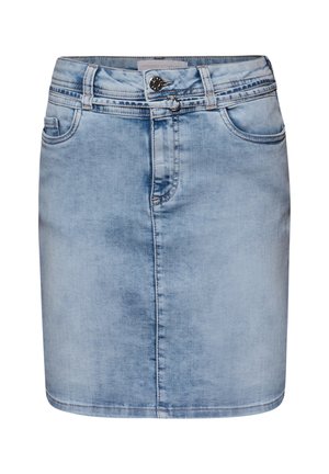 Hellblauer Jeans-Minirock mit vorderer Knopfleiste und Reißverschluss, Gürtelschlaufen und Vordertaschen.