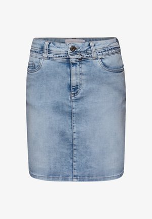 Mini-jupe en denim bleu clair avec fermeture à boutons sur le devant, fermeture éclair, passants pour ceinture et poches avant.