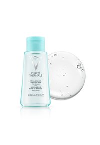 Transparent bottle with turquoise cap containing a clear liquid, labeled "VICHY PURETÉ THERMALE," alongside a droplet of the same liquid.