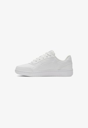White sneaker features a smooth leather upper, round toe, flat laces, and a textured rubber sole. Minimal design with embossed branding.