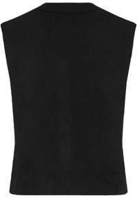 Crni prsluk bez rukava, pletena tekstura, okrugli izrez, rebrasti donji rub, glatki materijal bez vidljivih šavova ili uzoraka.