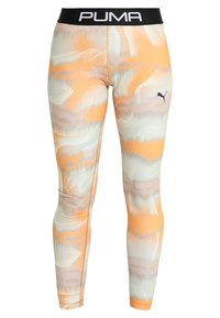 Męskie legginsy Puma w abstrakcyjny wzór w kolorze pomarańczowym, białym i beżowym, czarny pas z białym logo Puma.