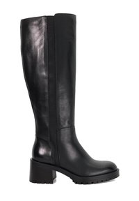 Tall black leather boots with a smooth finish, block heel, and elastic side panel for comfort. Rugged outsole for traction and durability.