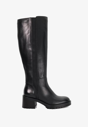 Bottes noires en cuir hautes avec une finition lisse, un talon carré et un panneau latéral élastique pour le confort. Semelle extérieure robuste pour une traction et une durabilité accrues.