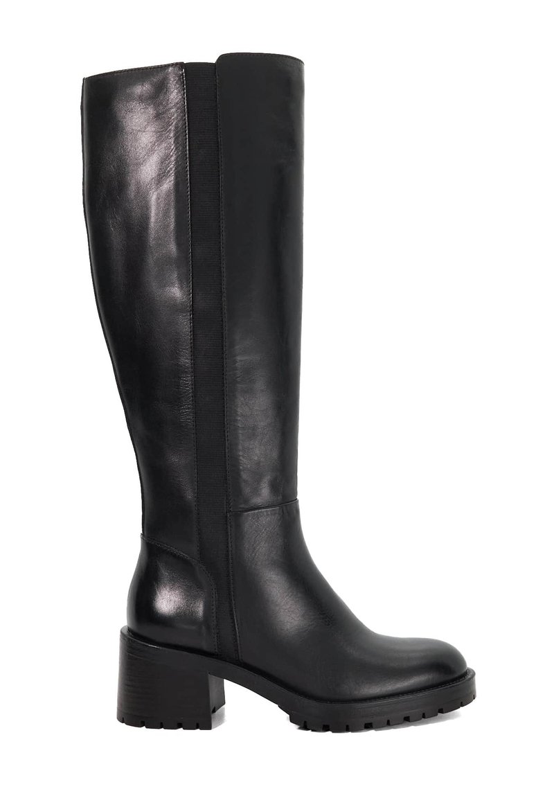 Tall black leather boots with a smooth finish, block heel, and elastic side panel for comfort. Rugged outsole for traction and durability.