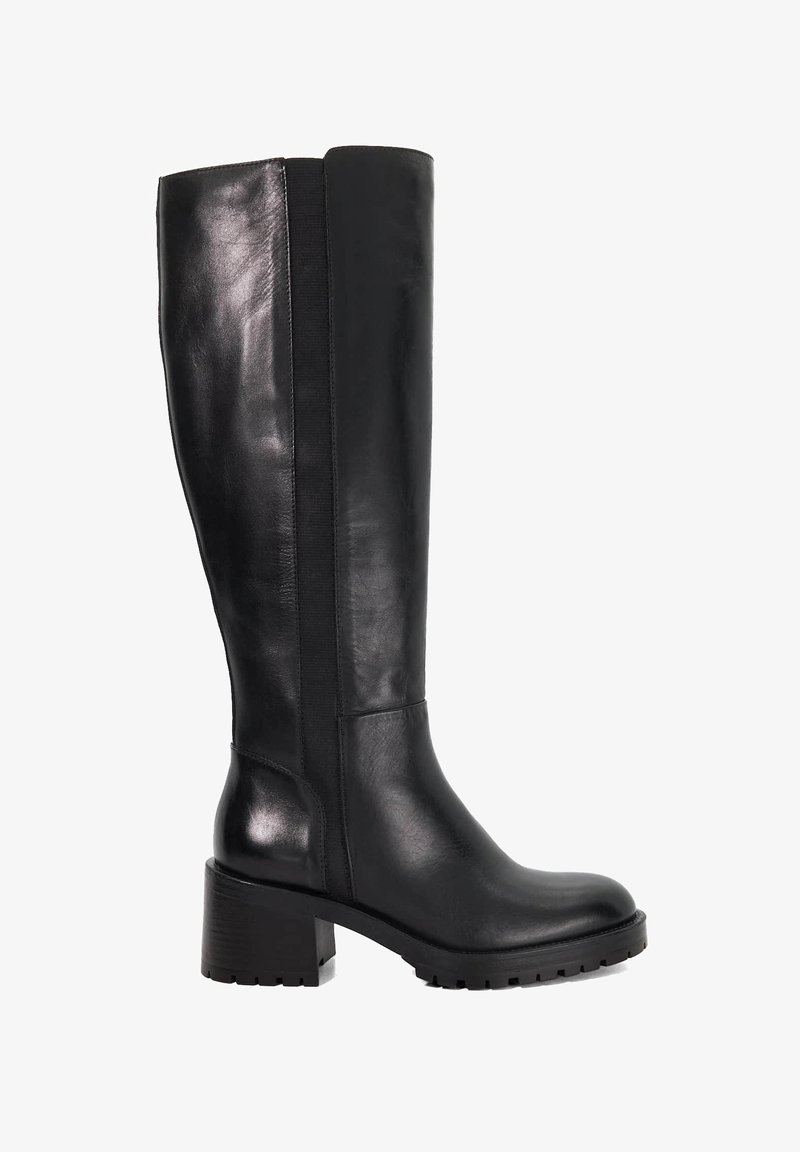 Tall black leather boots with a smooth finish, block heel, and elastic side panel for comfort. Rugged outsole for traction and durability.