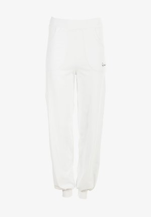 Bele športne hlače iz mehkega blaga, z elastičnim pasom, dvema sprednjima žepoma in majhnim logotipom na strani. Oblikovanje hlač s tapered nogavicami.
