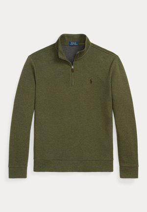 Olive green fleece pullover with a zip neck, long sleeves, ribbed cuffs, and a small logo on the chest. Soft texture and casual design.