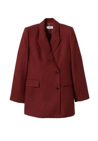 Bordeaux wollen blazer met een notch-kraag, twee voorzakken en een dubbele knoopsluiting, met gestructureerde schouders en lange mouwen.