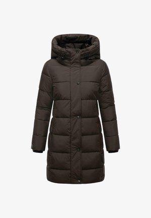 Manteau matelassé marron avec un col montant et une capuche, doté d'une conception en matelassage, d'une fermeture à boutons et de poches latérales. Tissu texturé avec une finition lisse.