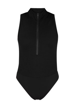 Sort ærmeløs bodysuit med høj krave, med en lynlås foran, ribbet tekstur på toppen og glat, ensfarvet stof i bunden.