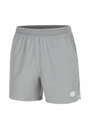 Hellgraue Sportshorts mit elastischem Bund, Seitentaschen, Mesh-Einsätzen und kleinem rundem Logo am unteren linken Bein.