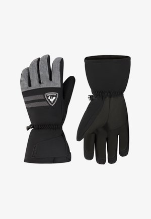 Guanti invernali neri con una parte inferiore texturizzata grigia, dotati di un logo, polsini elasticizzati e zone rinforzate per la presa e il calore.