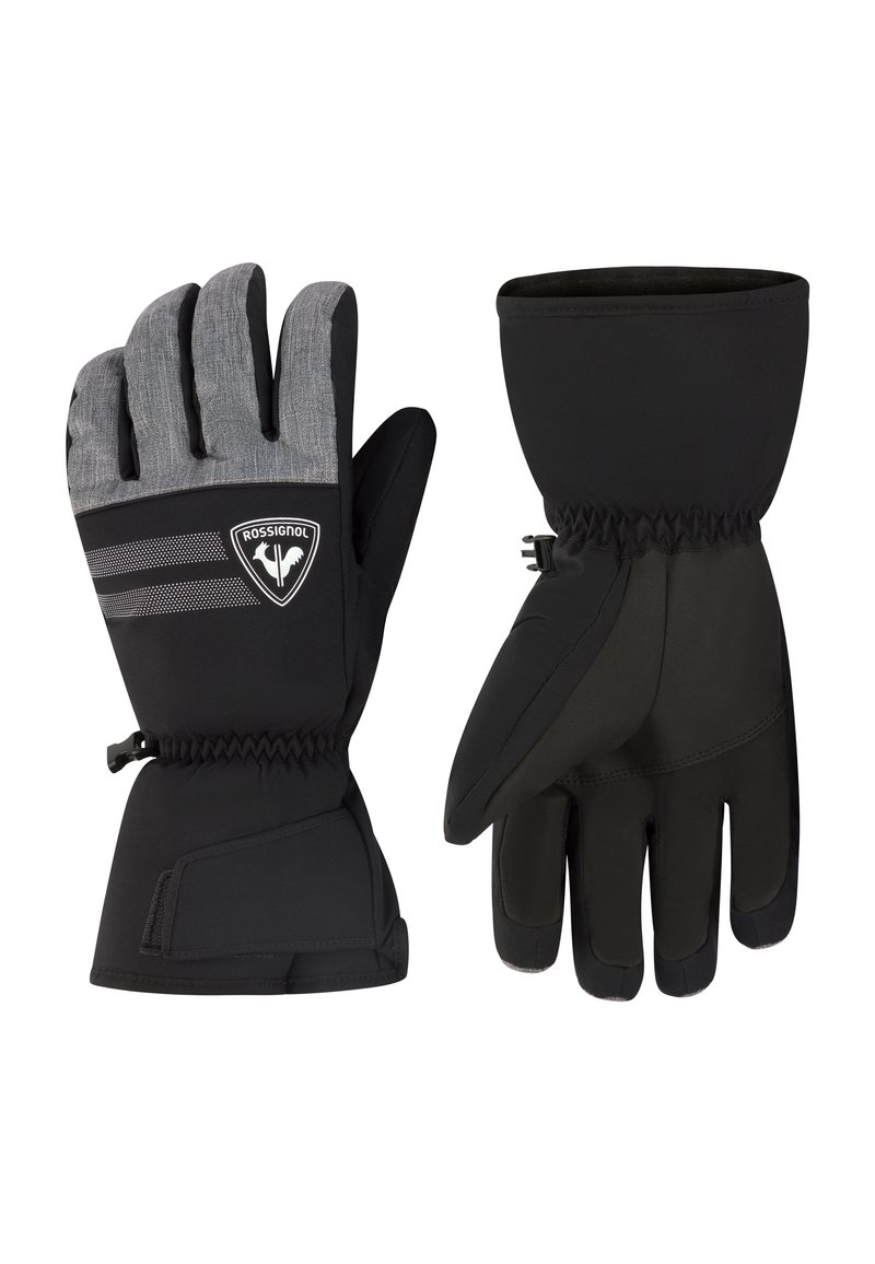 Czarne zimowe rękawice z szarym teksturowanym wnętrzem, z logo, elastycznymi mankietami oraz wzmocnionymi miejscami zapewniającymi chwyt i ciepło.