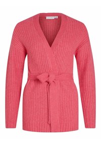 Pletený svetřík v jasně růžové barvě s hlubokým výstřihem do V, dlouhými rukávy a zavazovacím páskem v pase. Má strukturovaný, žebrovaný vzor.