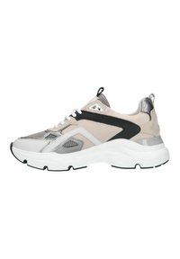 Sneakers featuring a blend of beige mesh and leather, with black and silver accents, thick white sole, and gray rubber tread.