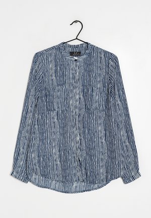 Blue and white striped long-sleeve shirt with a rounded collar, button front, and two chest pockets; fabric has a textured appearance.