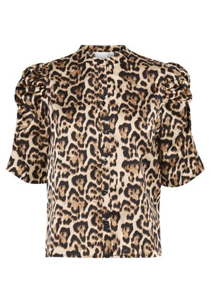 Blůza s krátkým rukávem v béžovém a černém leopardím vzoru, se stojáčkem, nabíranými rameny a knoflíkovým zapínáním vpředu. Hladká textilie.
