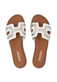 Weiße und metallic goldene Riemchensandalen mit einem geometrischen Riemendesign, ergänzt durch eine braune strukturierte Sohle und VENEZIA-Branding.