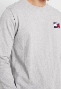 Graues Langarm-T-Shirt aus Baumwolle mit einem kleinen, mehrfarbigen Logopatch im linken Brustbereich. Glatte Textur.