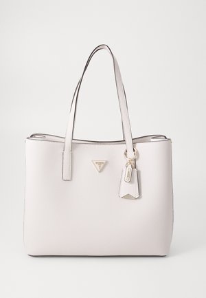 Light gray tote bag made of textured leather, featuring two long handles, a gold logo plaque, and a keychain accent.