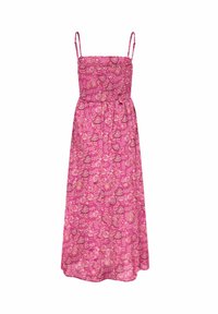 Robe maxi fleurie rose avec des bretelles fines, un corsage smocké et une jupe fluide, ornée de motifs complexes de fleurs et de vignes.