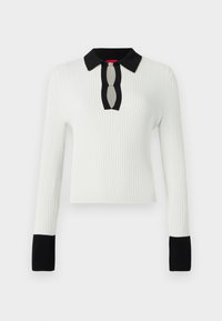 White ribbed knit top with a black collar and cuffs, featuring a keyhole neckline detail. Long sleeves and fitted design.